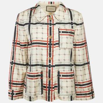 Pre Owned Gucci Beige Interlocking GG Belt Print Silk Jacket M