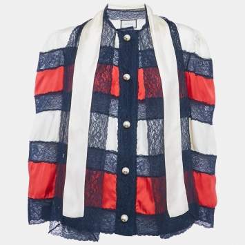 Pre Owned Gucci Multicolour Striped Silk & Lace Bow Tie Neck Blouse L