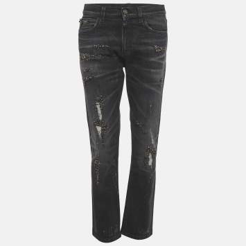 مملوكة مسبقًا بنطلون جينز غوتشي دنيم رمادي مزين قصه مستقيمة مقاس صغير خصر 30 بوصة