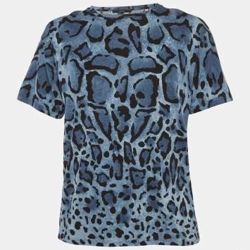 Pre Owned Gucci Blue Leopard Print Jersey T-Shirt XXS