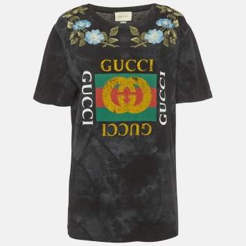 Pre Owned Gucci Black Embroidered Distressed Cotton Half Sleeve Shirt S