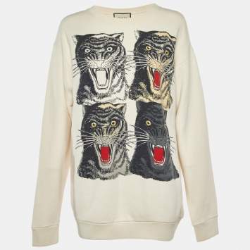 Pre Owned Gucci Cream Vintage Logo Tiger Print Cotton Oversized Sweatshirt L