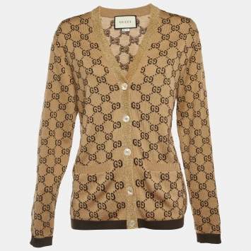 Pre Owned Gucci Brown GG Wool & Lurex Trim Button Front Cardigan L