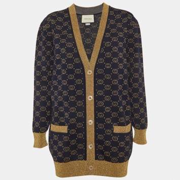 Pre Owned Gucci Blue GG Lame Wool Cardigan S