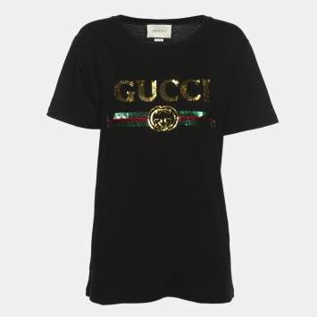 Pre Owned Gucci Black Jersey Sequin Embellished Tiger Logo T-Shirt XXS
