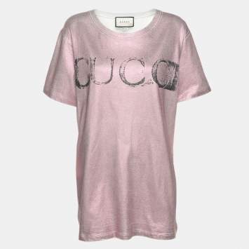 Pre Owned Gucci Pink/White Glitter Jersey Logo Print T-Shirt S