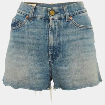 Pre Owned Gucci Blue Denim Strawberry Applique Shorts S/Waist 25"