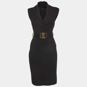 Pre Owned Gucci Black Stretch Knit Belted Mini Dress XS