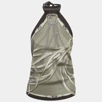 Pre Owned Gucci Brown Printed Silk Halter Neck Scarf Top One Size