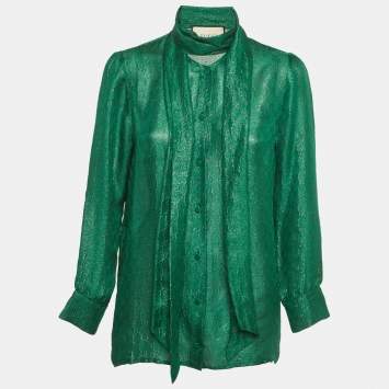 Pre Owned Gucci Green Monogram Silk Blend Tie Neck Blouse M