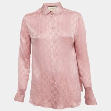 Pre Owned Gucci Pink GG Monogram Crinkled Silk Long Sleeve Shirt M