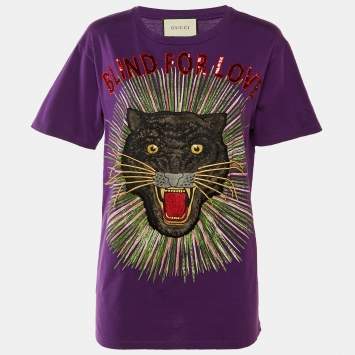 Pre Owned Gucci Purple Cotton Blind For Love Appliqued T-Shirt S