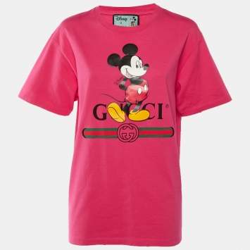 Pre Owned Gucci X Disney Pink Mickey Mouse Logo Print Cotton T-Shirt S