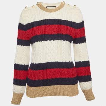 Pre Owned Gucci White Striped Cable Knit and Lamé Sweater XL
