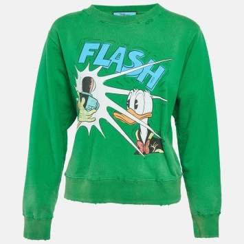 Pre Owned سترة غوتشي بالتعاون مع ديزني قطنية محبوكة بطبعة رسومات خضراء بمظهر ممزق مقاس صغير جداً