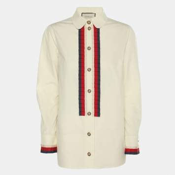 Pre Owned Gucci Off-White Cotton Ruffled Shirt S