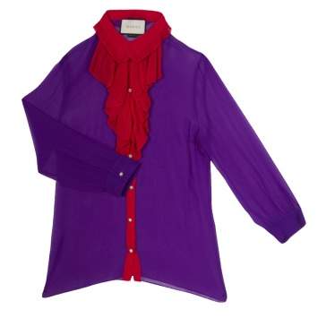 Pre Owned Gucci Purple Silk Chiffon Contrast Plisse Ruffle Detail Sheer Blouse M