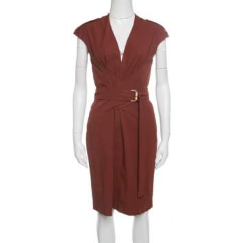 Pre Owned Gucci Brown Stretch Cotton Belted Horsebit Buckle Detail Dress M