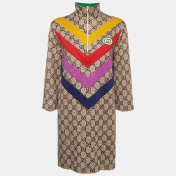 مملوكة مسبقًا Gucci Brown GG Supreme Jersey Chevron Striped Shift Dress XS