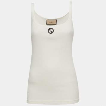 Pre Owned Gucci White Rib Knit Embroidered Interlocking G Logo Tank Top S