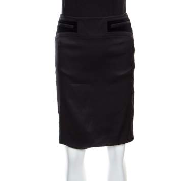 Pre Owned Gucci Black Silk Velvet Trim Pocket Pencil Skirt S