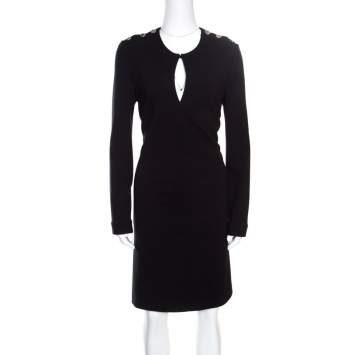 Pre Owned Gucci Black Textured Shoulder Button Detail Long Sleeve Shift Dress M
