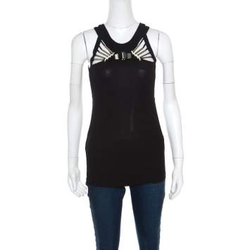 Pre Owned Gucci Black Knit Metal Embellished Cut Out Detail Halter Top M