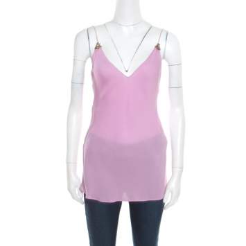 Pre Owned Gucci Lavender Silk Sequin Beetle Embellished Noodle Strap Top S