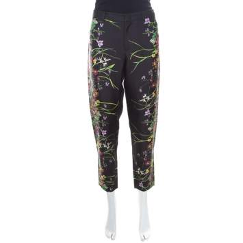 Pre Owned Gucci Black Floral Printed Silk Tapered Pants S