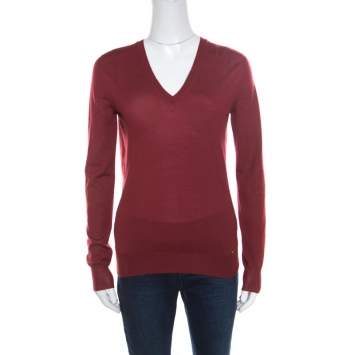 Pre Owned Gucci Red Cashmere V-Neck Sweater S