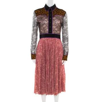 Pre Owned Gucci Multicolor Floral Bonded Lace Plisse Dress M