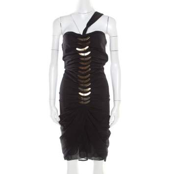Pre Owned Gucci Black Silk Metal Fish Bone Embellished Ruched Dress M