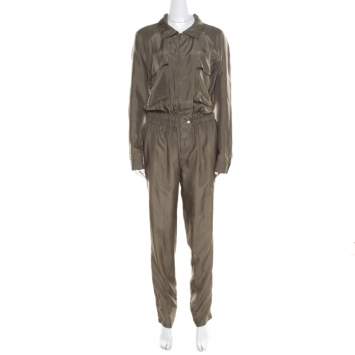 Pre Owned Gucci Olive Green Silk Clinched Waist Tapered Jumpsuit M