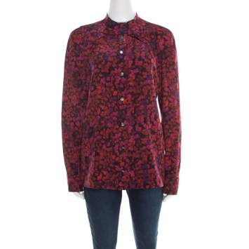 Pre Owned Gucci Red and Purple Floral Printed Silk Neck Bow Detail Long Sleeve Blouse M