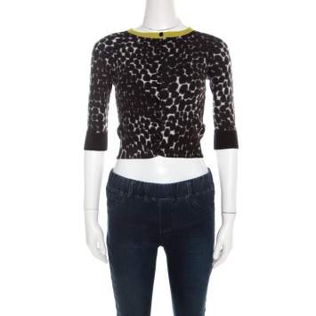 Pre Owned Gucci Black and White Cashmere Printed Cropped Cardigan XS