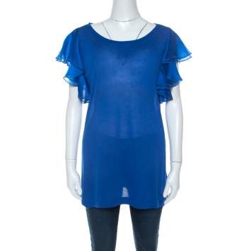 Pre Owned Gucci Blue Jersey and Silk Ruffled Sleeve Top S