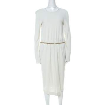 Pre Owned Gucci Pastel Green Stretch Crepe Beaded Waist Long Sleeve Dress L 