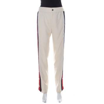 Pre Owned Gucci Beige Wool & Silk Blend Striped Side Seam Snap Button Detail Sweatpants S