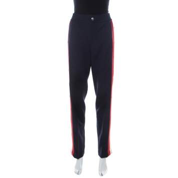 Pre Owned Gucci Navy Blue Wool & Silk Blend Striped Side Seam Snap Button Detail Sweatpants S