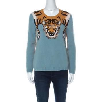 Pre Owned Gucci Blue Wool Tiger-Intarsia Jumper L