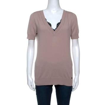 Pre Owned Gucci Dusky Pink Cashmere Knit Lace Trim V-Neck Top L
