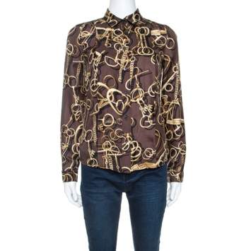 Pre Owned Gucci Brown Silk Horsebit Print Button Front Blouse S