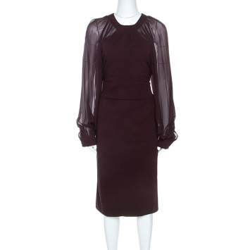 Pre Owned Gucci Burgundy Stretch Knit Bishop Sleeve Midi Dress L