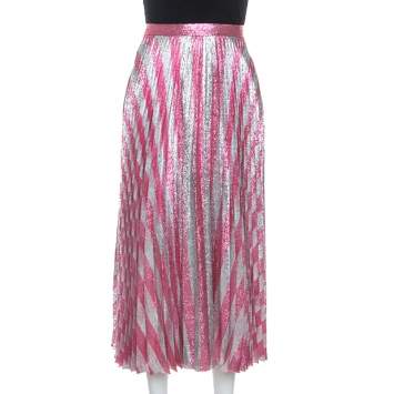Pre Owned Gucci Metallic Pink Striped Pleated Midi Skirt M