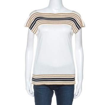 Pre Owned Gucci Off White Knit Metallic Trim Detail Top M