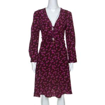 Pre Owned Gucci Burgundy Heartbeat Print Silk Ruched Detail Dress L