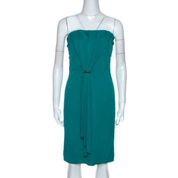 Pre Owned Gucci Green Knit Ruched Detail Strapless Cocktail Dress L