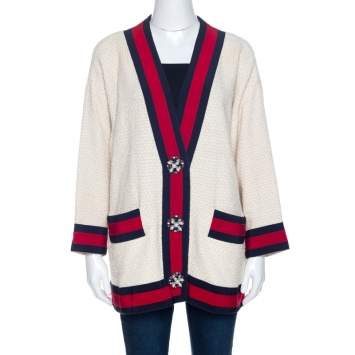 Pre Owned Gucci Off White Tweed Embellished Button Detail Oversized Jacket M