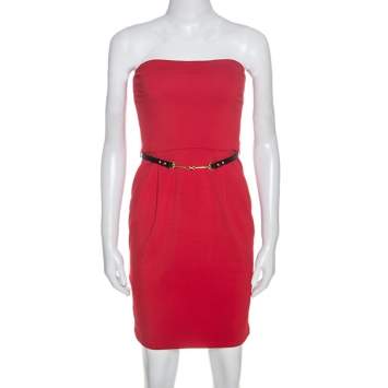 Pre Owned Gucci Red Crepe Belted Strapless Dress XS 