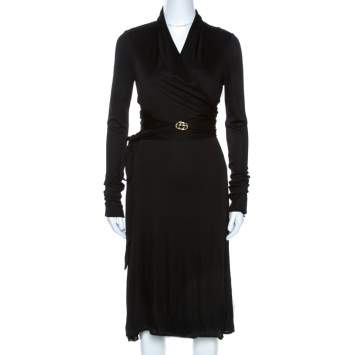 Pre Owned Gucci Black Knit Wrapped Tie Detail Midi Dress S